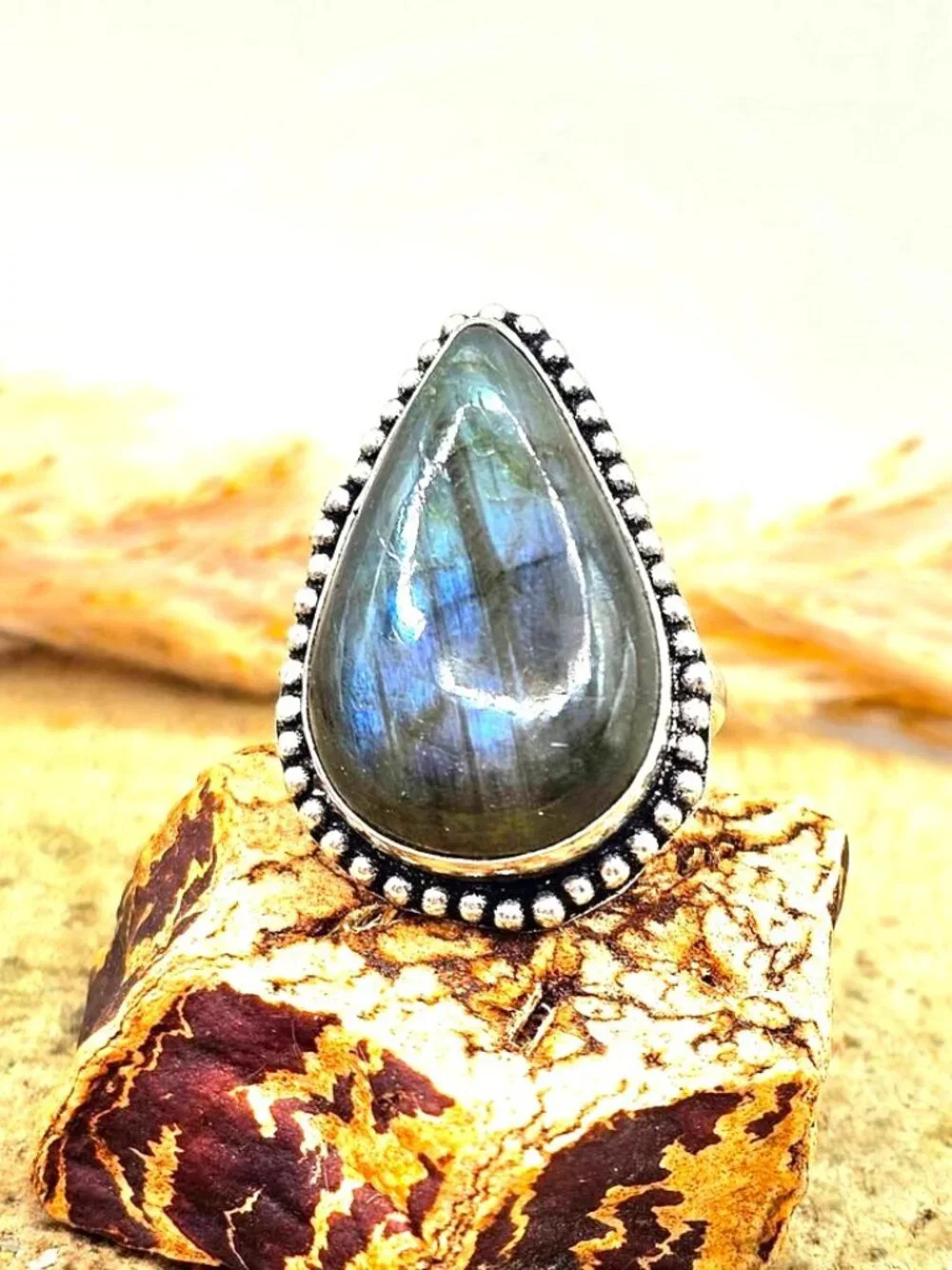 Nature Labradorite Flashy Teardrop Ring ( Size 8.5)